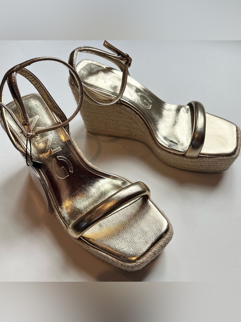 Mango Gold Metallic Wedge Espadrille Sandals with Ankle Strap, NWT